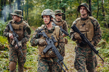Modern Warfare Soldiers Squad Running in Tactical Battle Formation Woman as a Team Leader