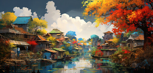 painting style illustration Souteast Asian, Thai style ancient vintage town beside river at sunset time, Generative Ai