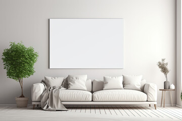 Mock up image with free custom empty frame for your image, photo or wallpaper. Clean and cozy living room with minimalistic design.