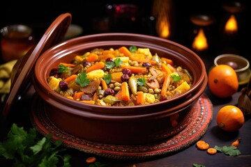 moroccan tagine with couscous and vegetables - obrazy, fototapety, plakaty