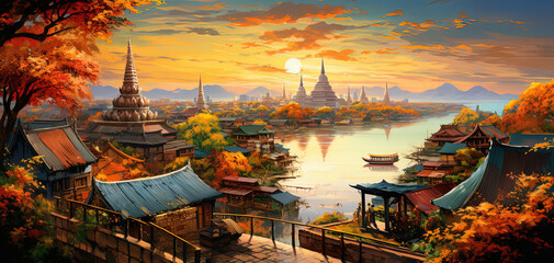 Fototapeta premium painting style illustration Souteast Asian, Thai style ancient vintage town beside river at sunset time, Generative Ai
