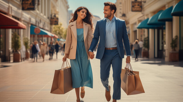 Full body portrait of two idyllic nice people hold hands walk store mall packages. Isolated on pastel background.