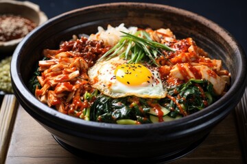 korean bibimbap in a hot stone bowl with kimchi - obrazy, fototapety, plakaty
