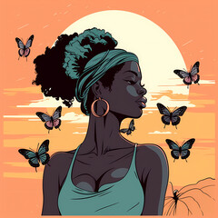 Black girl illustration, continuous line, flowers generative AI