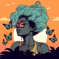 Black girl illustration, continuous line, flowers generative AI