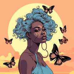 Black girl illustration, continuous line, flowers generative AI