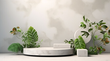 Green leaves and stone slabs product display, white podium and platforms, 3d rendering