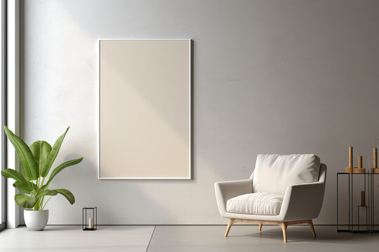 Mock up image with free custom empty frame for your image, photo or wallpaper. Clean and cozy living room with minimalistic design.