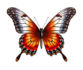 Butterfly close-up on white background, top view, realistic illustration, generative ai