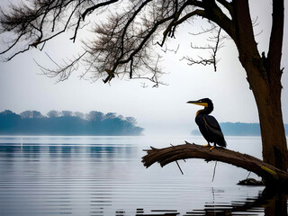  A cormorant sitting on a dry  branch from a tree in the water. Generative AI.