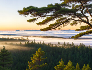 Fototapeta na wymiar Treetops of Green Pine Forest with Morning Mist at Dawn, generative ai. Aerial view of foggy green pine forest with canopies of spruce trees in autumn mountains