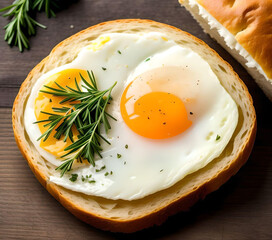 Breakfast with a fried egg and a slice of herb bread. Generative AI.