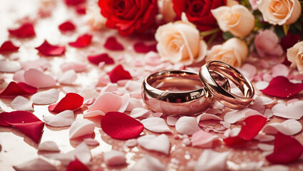 Gold wedding rings on a background of rose petals. Generative AI
