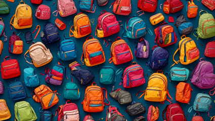 A pattern of school colourful backpacks. Top view. Generative AI