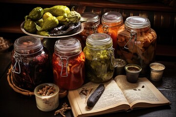handwritten recipe book with jars of preserved food around