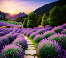  Sunset over a lavender meadow, purple flower bushes and a trail in the mountains. Generative AI. 