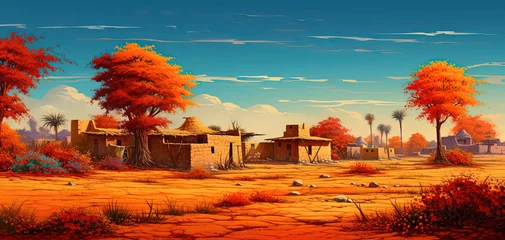 Papier Peint photo Vert bleu painting style illustration, desert village in drough sandy landscape, Generative Ai