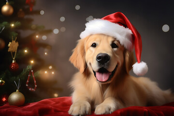 cute Golden retriever in santa claus hat smiling with Christmas tree background
