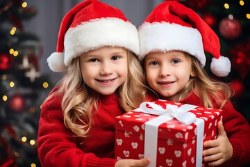 Fototapeta na wymiar grils with christmas gifts wearing red outfits and smiling
