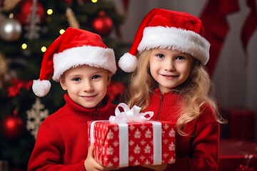 Fototapeta na wymiar siblings sharing christmas gift in red outfit 