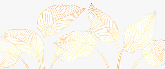 Luxury golden tropical art background vector. Natural botanical elegant leaves with golden line. Design illustration for decoration, wall decor, wallpaper, cover, banner, poster, postcard.