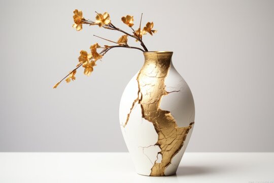 kintsugi golden repair on vintage pottery vase