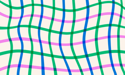 Naive checkered abstract background in doodle style. Trippy psychedelic groovy backdrop. Colorful wavy plaid fabric ornament. Minimalistic trendy striped pattern in vivid colors - obrazy, fototapety, plakaty