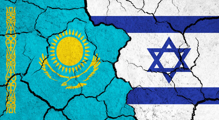 Flags of Kazakhstan and Israel on cracked surface - politics, relationship concept