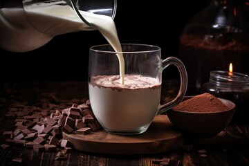 pouring hot milk into cocoa powder mixture - obrazy, fototapety, plakaty