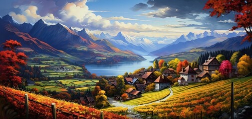 painting style illustration of hill top village with beautiful nature landscape of snow mountain and lak, Generative ai