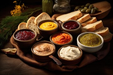condiments and spreads in small bowls beside bread slices