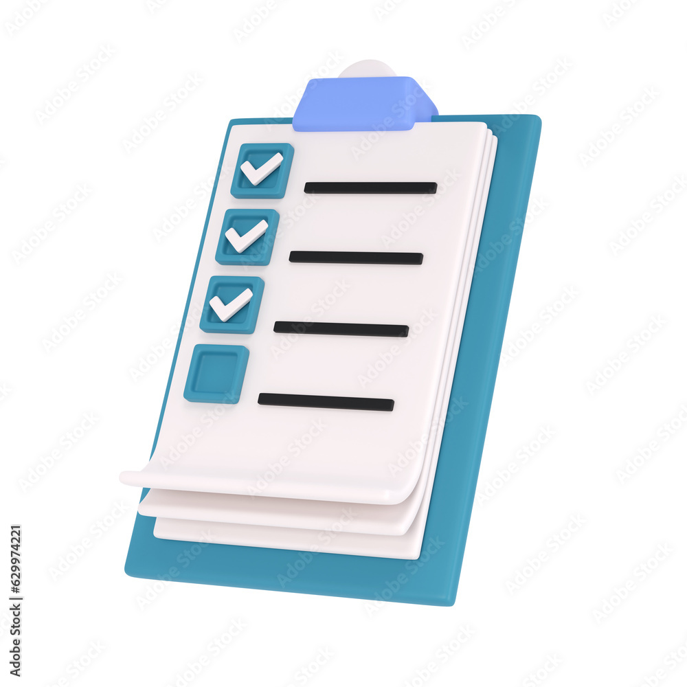 Poster 3d white clipboard icon task management todo check list on turquose plane background. work project p