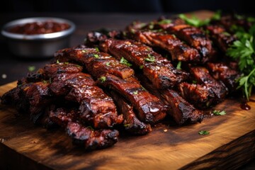 close-up of marinated bbq ribs on board