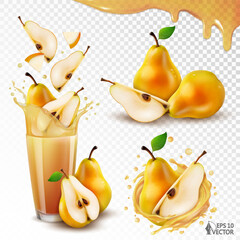 Fototapeta na wymiar Vector set of ripe pears isolated on white background. Realistic transparent splash swirl with fruits inside. Glass of natural fresh juice. 3D food illustration, packaging design