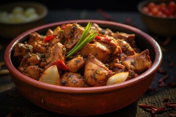 close-up of marinated chicken pieces in bowl