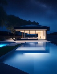 swimming pool and modern house at night