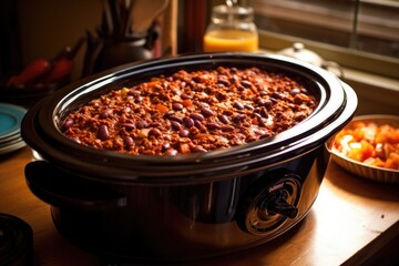 slow cooker filled with simmering chili