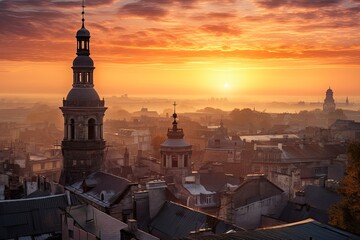 Fototapeta na wymiar Sunrise over Lviv City: Stunning View of Old Tower and Sunny Europa in Ukraine (AR 3:2): Generative AI