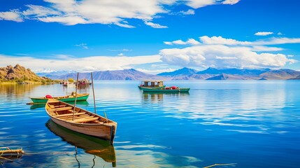 Scenic Views of Isla on Sunny Day at Lake Titicaca, South America: Clear Waters, Rowing and Travel Adventure (AR 16:9): Generative AI