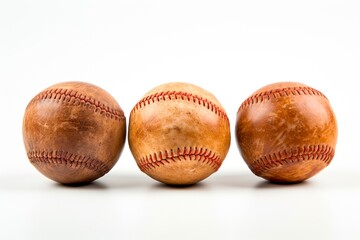 Three Worn Baseballs on Reflective White Background. Macro View of Brown Leather Balls for Athletic Activities. Generative AI