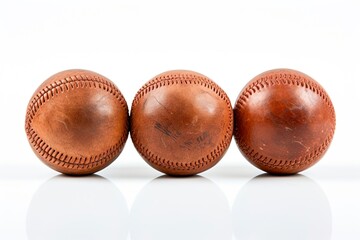 Set of Three Worn Baseballs - Isolated on Reflective White Background for Sport and Athletic Activity - Macro Closeup of Brown Leather and Lace Detail. Generative AI
