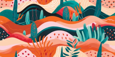 Selbstklebende Fototapeten Grün Blau Trendy landscape pattern with plants. Creative collage contemporary pattern. Fashionable template for design.  © Eli Berr