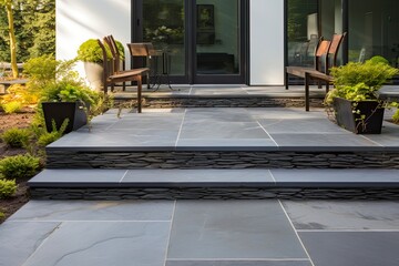 Stylish Bluestone Steps and Entrance with Stainless Steel Railing and Cable System: Generative AI