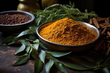 close-up of curry leaves and spices