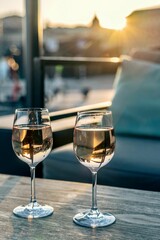 Two crystal clear glasses of bubbly champagne on a wooden table