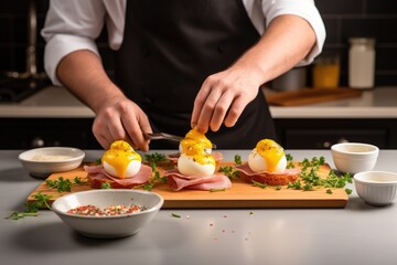 Obraz na płótnie Canvas assembling eggs benedict step by step on counter