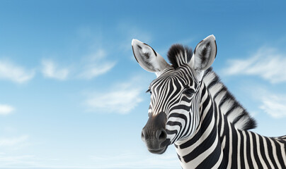 Naklejka premium Two zebras embracing.A serene moment in a Zebra herd as two family members rest their heads on each other. striped cape donkey in the blue sky with copy space