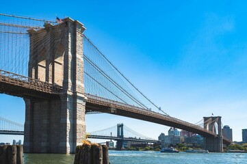 Closeup of Brooklyn Bridge on a sunny day