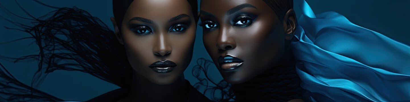Black Woman Blue Fashion Design And Second Woman Backdrop Copyspace Generative AI
