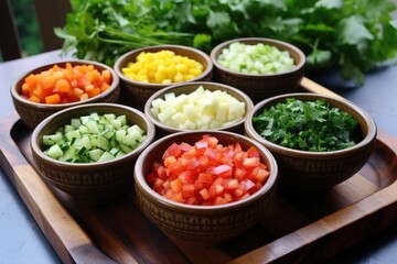 chopped vegetables in individual bowls for gazpacho